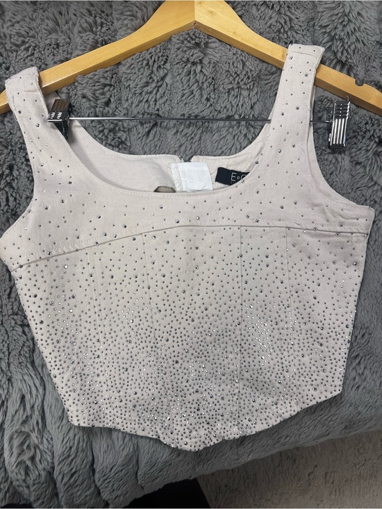E C Tops - Embellished Blush Crop Tank Top denim large rhinestone ivory cream